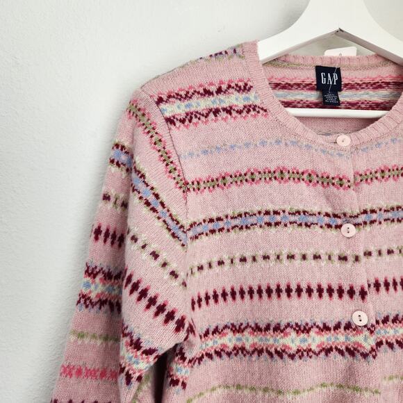 Vintage Y2K GAP Wool Fair Isle Knit Sweater Cardigan Pink Stripe S/M - Picture 2 of 10